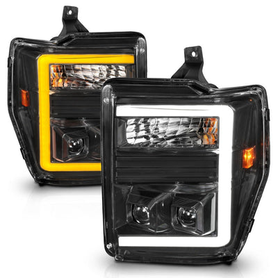 ANZO 08-10 Ford F-250 - F-550 Super Duty Projector Headlights w/ Light Bar Switchback Black Housing 111586