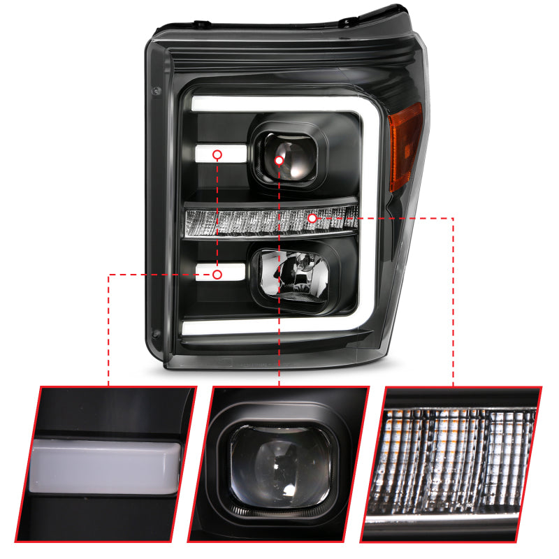 ANZO 2011-2016 Ford F250 Projector Headlights w/ Plank Style Switchback Black w/ Amber 111406