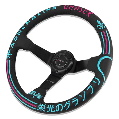 Universal 350mm 3"Deep Dish 6-Bolt Steering Wheel Black Leather Adrenaline Chaser