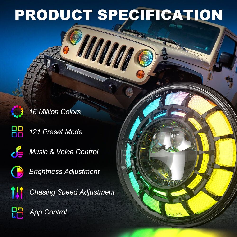 SPDZ1 Oculus 7” RGB LED Headlights with LED RGB Fog Light Kit – App Controlled Multi-Mode Halo