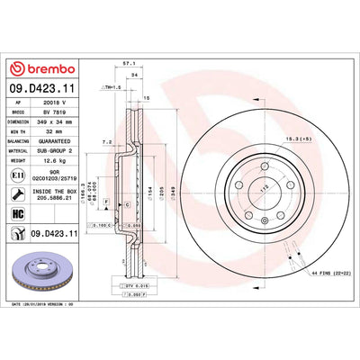 Brembo OE Brembo 20-21 Cadillac CT5/16-19 Cadillac CT6/14-15 Cadillac CTS/16-21 Camaro Front UV Coated Rotor 09.D423.11