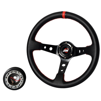 Black W/ Red Stitch Racing Steering Wheel 350MM + JDM Hub Adapter