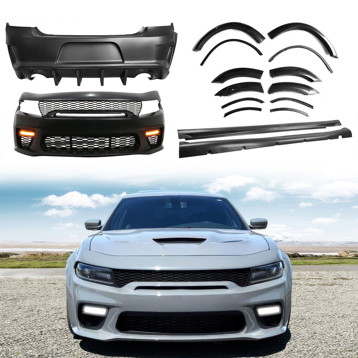 2015-2023 Dodge Charger Widebody Gloss Whole Bumper Diffuser PP W/ LED