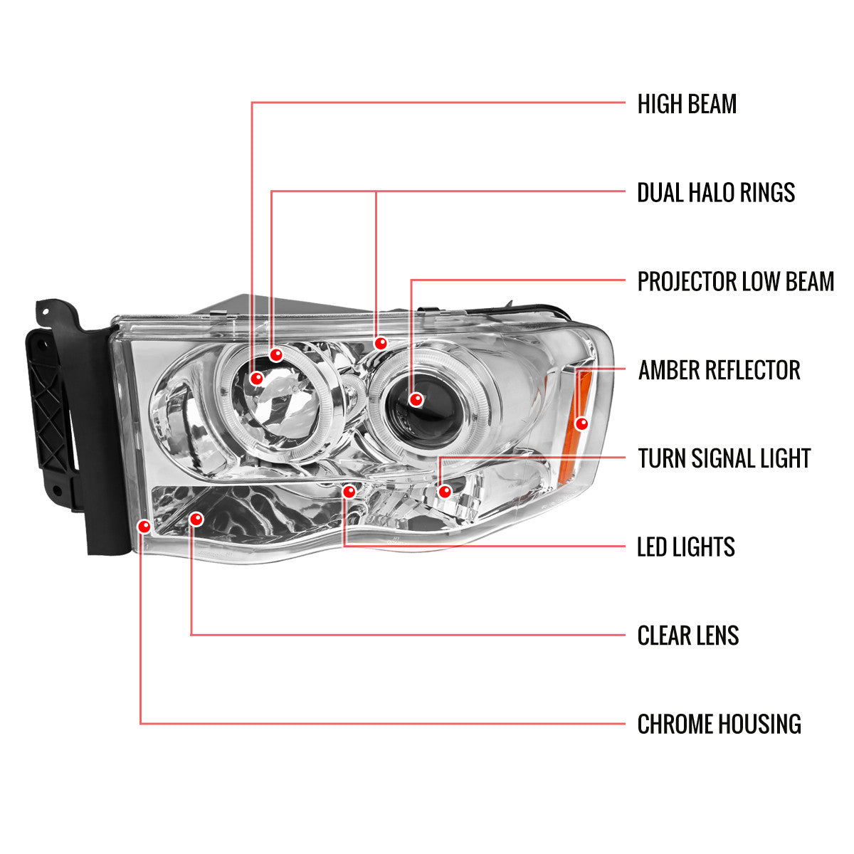 Spec-D 02-05 Dodge Ram Halo LED Projector Headlights Chrome