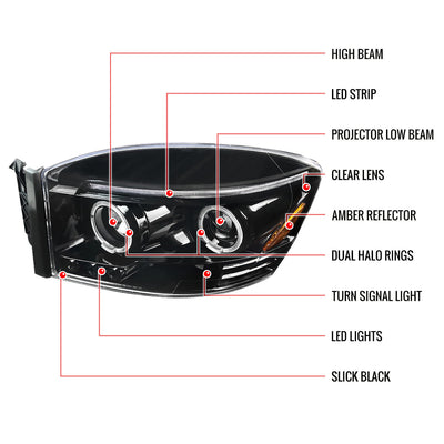 Spec-D 06-08 Dodge Ram 1500 Halo Projector Headlights Black