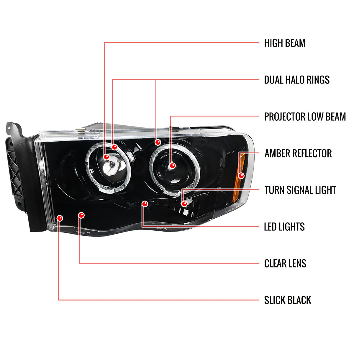 Spec-D 02-05 Dodge Ram Dual Halo Projector Headlights Black