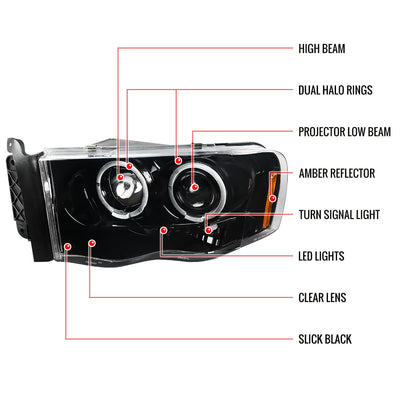 Spec-D 02-05 Dodge Ram Dual Halo Projector Headlights Black