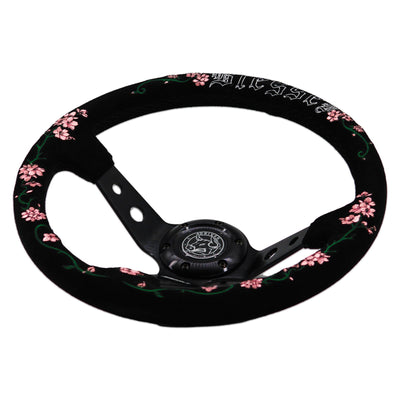 Blessed Universal 350mm 3" Deep Dish 6-Bolt Steering Wheel Red Suede Alcantara