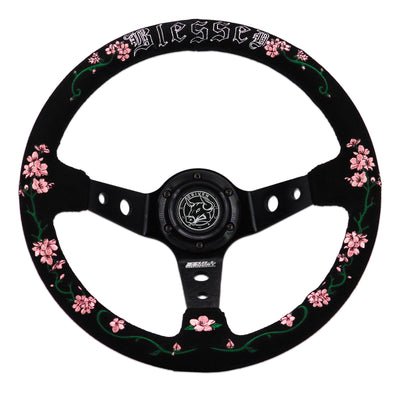 Blessed Universal 350mm 3" Deep Dish 6-Bolt Steering Wheel Red Suede Alcantara
