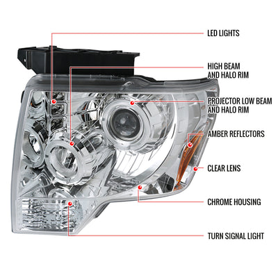 Spec-D 09-14 Ford F150 Dual Halo Projector Headlights Chrome