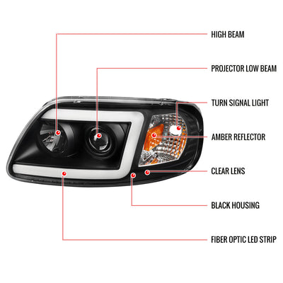 Spec-D 97-04 Ford F-150 Projector Headlights LED C-Bar Black