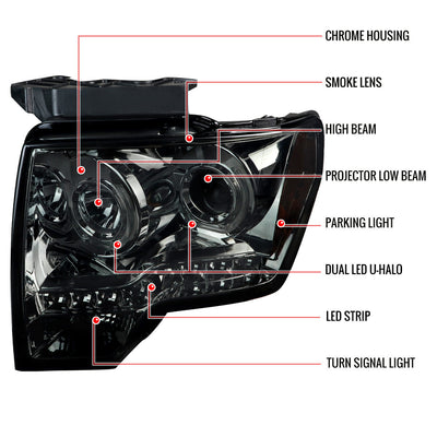 Spec-D 09-14 Ford F150 U-Ring Halo Projector Headlights LED Smoked