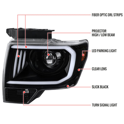 Spec-D 09-14 Ford F150 Projector Headlights LED Bar Black/Clear