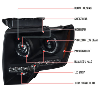 Spec-D 09-14 Ford F150 U-Ring Projector LED Strip Black Smoked