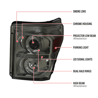 Spec-D 11-16 Ford F250 F350 F450 Pro Headlights Chrome Smoked
