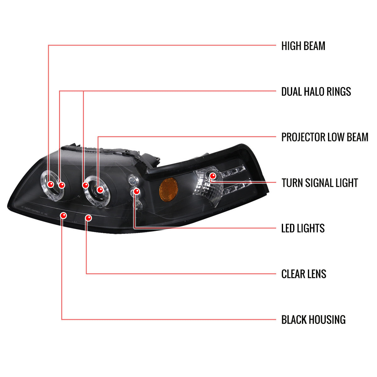 Spec-D 99-04 Ford Mustang Dual Halo Projector Headlights Black