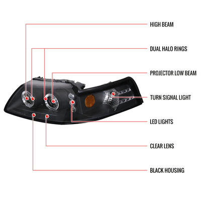 Spec-D 99-04 Ford Mustang Dual Halo Projector Headlights Black