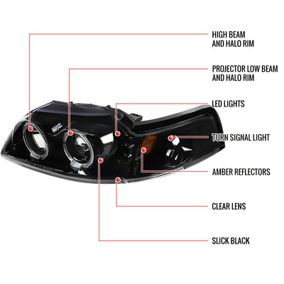Spec-D 99-04 Ford Mustang Dual Halo LED Projector Headlights