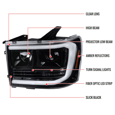 Spec-D 07-14 GMC Sierra Headlights LED C-Bar Projector Black/Clear