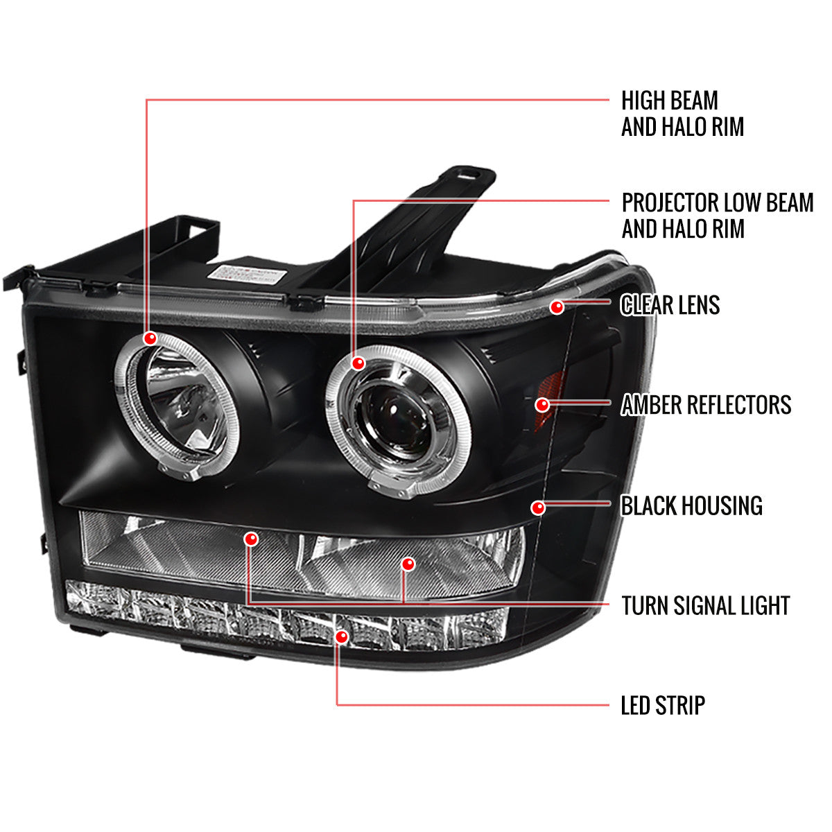 Spec-D 07-14 GMC Sierra Pickup Halo Projector Headlights Black