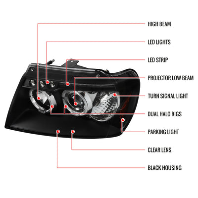 Spec-D 99-04 Jeep Grand Cherokee Dual Halo Headlights Black