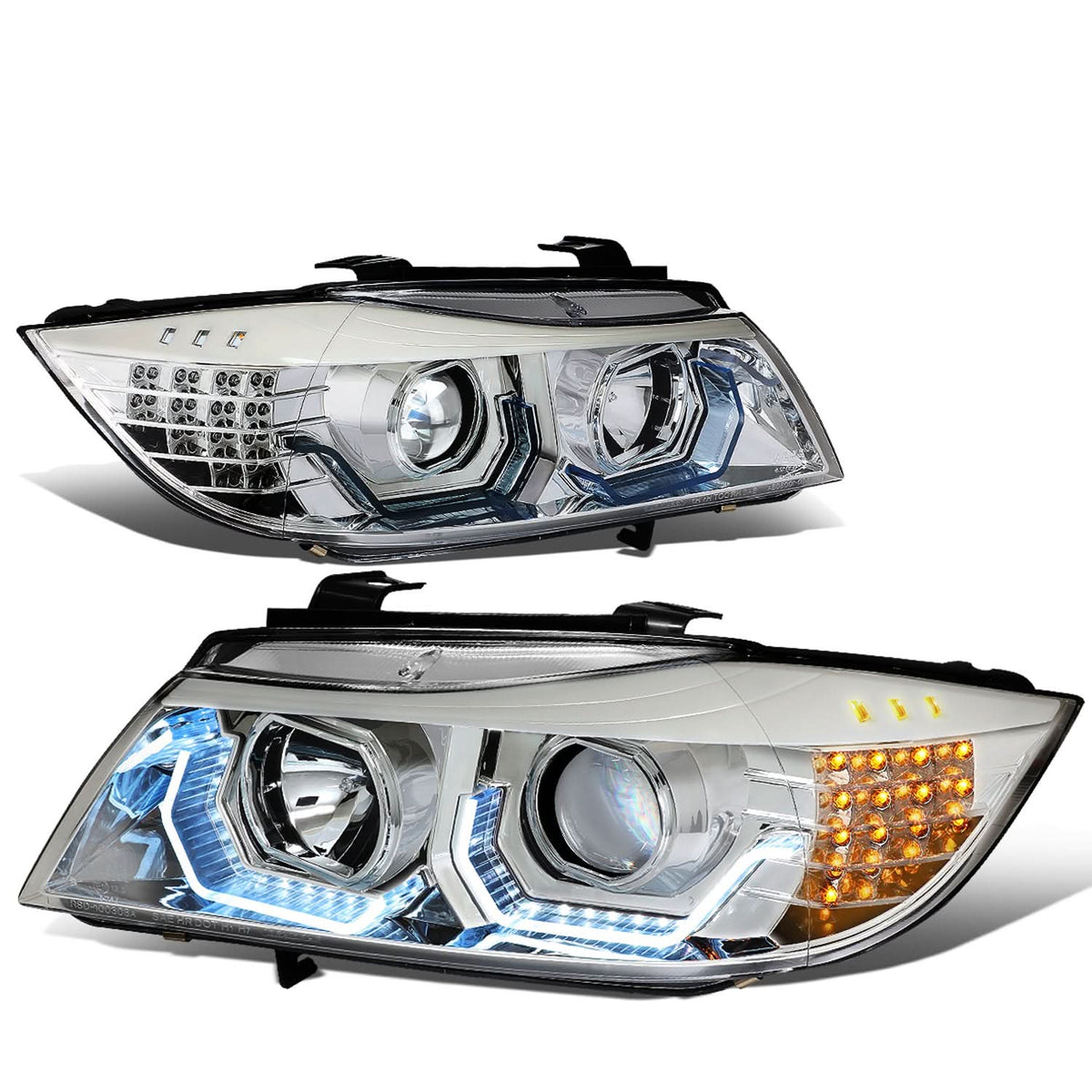 06-12 BMW 3-Series E90 3D Crystal Halo Projector LED Headlights Chrome