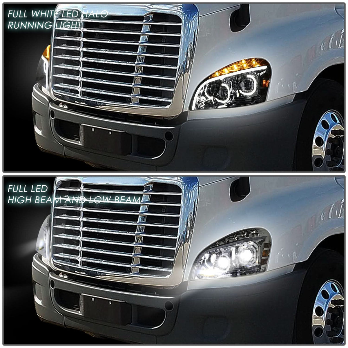 2008-2017 Freightliner Cascadia LED Halo Projector Headlights Chrome