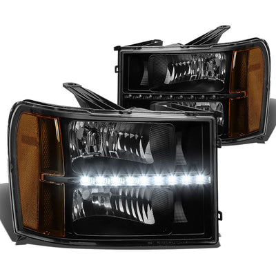 2007-2014 GMC Sierra LED DRL Headlights Black Housing Amber Corner