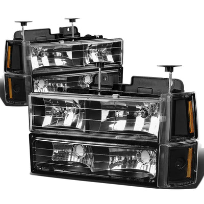 1994-2000 GMC C10 8PC Black Housing Amber Corner Headlights