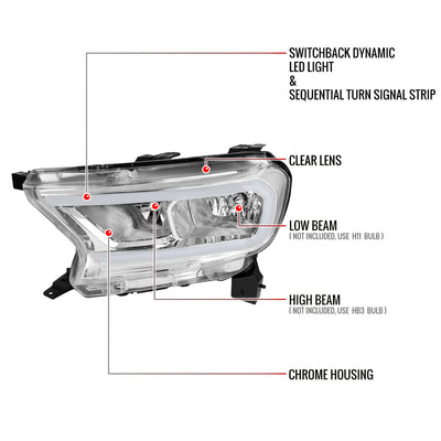 Spec-D 19-24 Ranger XL XLT Headlights OEM Style light Bar Chrome