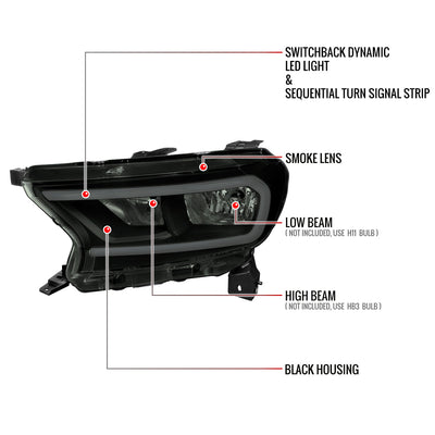 Spec-D 19-24 Ranger XL XLT Headlights OEM Style Light Bar Black/Smoked