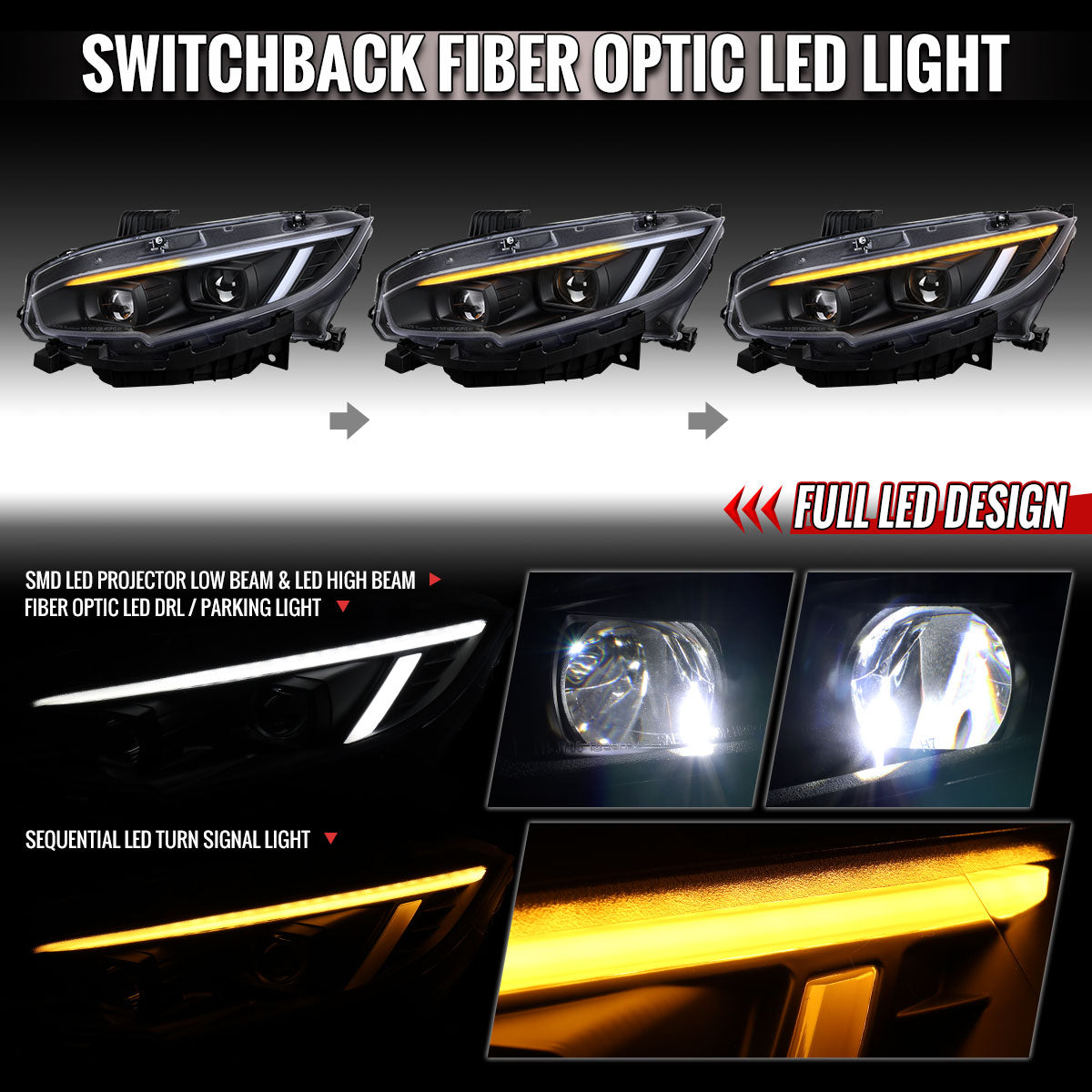 Spec-D 16-21 Honda Civic Led Projector Headlight Black