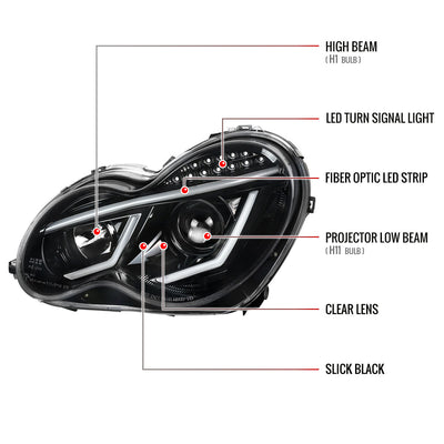 Spec-D 01-07 Benz W203 C-Class 4DR Projector Headlights LED Bar