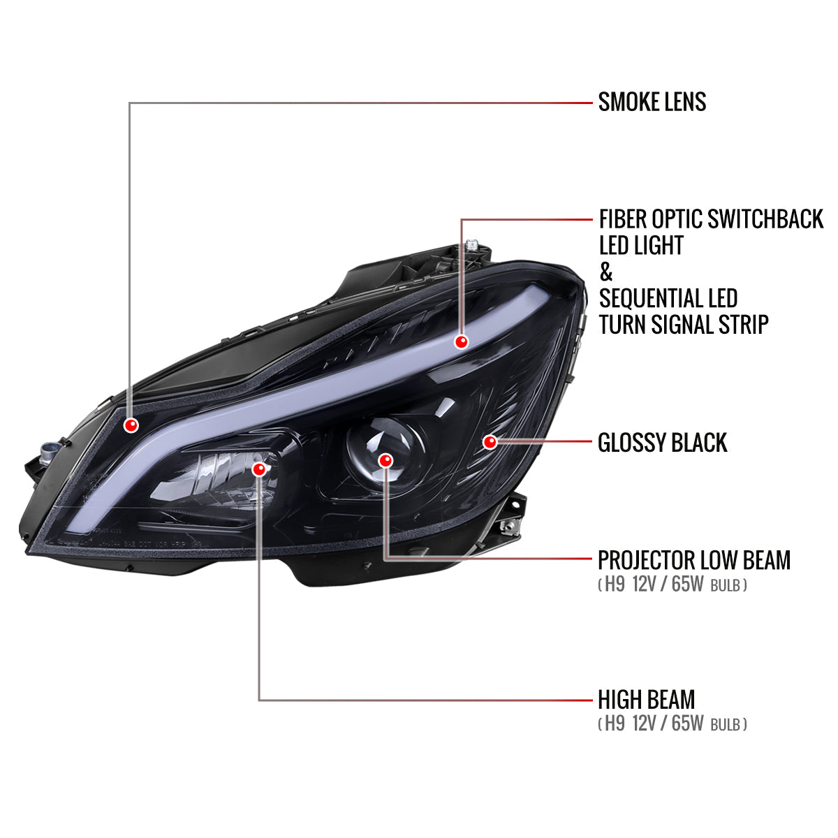 Spec-D 12-14 Mercedes W204 C-Class SEQ Bar Pro Headlights Black Smoked