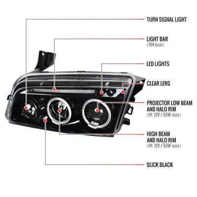 Spec-D 05-10 Dodge Charger Halo Projector Headlights Black