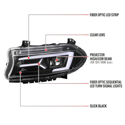 Spec-D 15-23 Dodge Charger Strip Projector Headlights SEQ Black