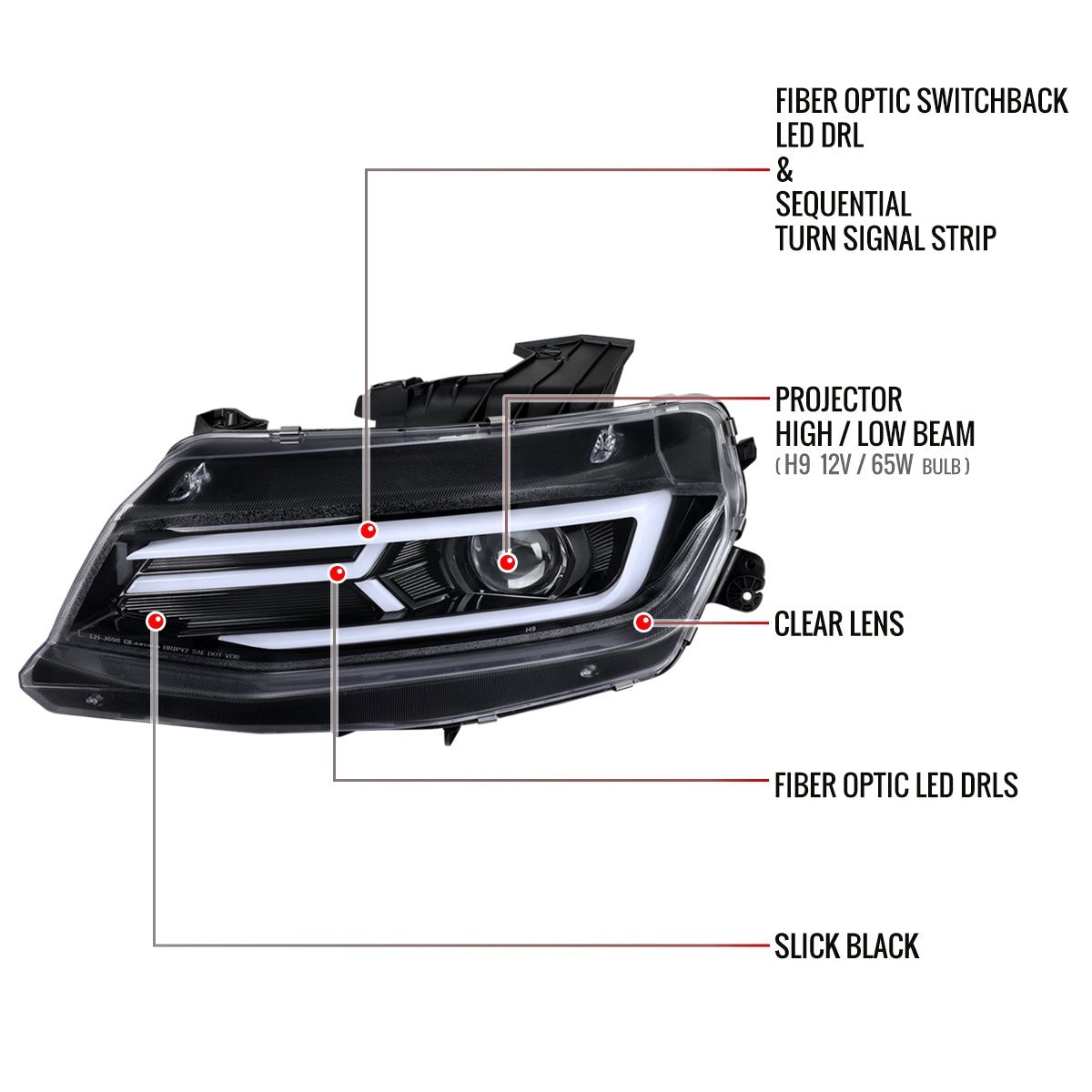 Spec-D 16-18 Chevy Camaro Headlights LED Strip Sequential Glossy Black