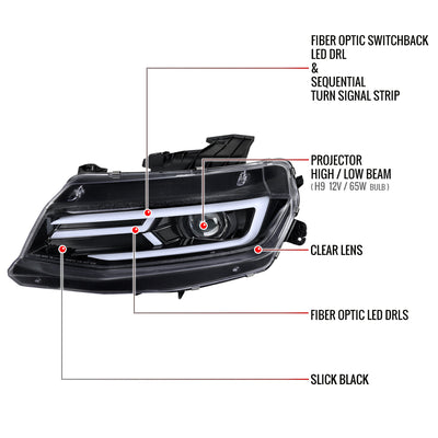 Spec-D 16-18 Chevy Camaro Headlights LED Strip Sequential Glossy Black