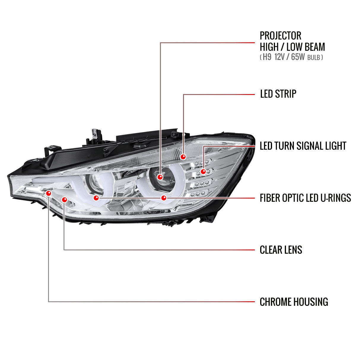 Spec-D 12-15 F30 3-Series 4DR Dual U-Bar Projector Headlights Chrome