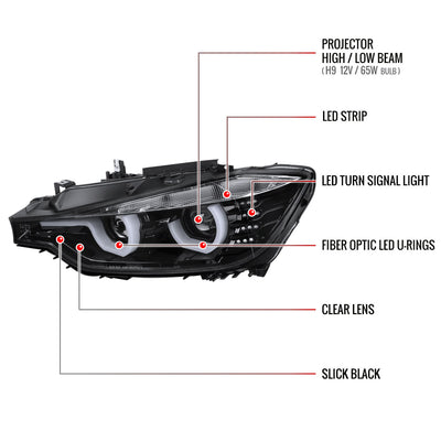Spec-D 12-15 F30 3-Series 4DR Dual U-Bar Projector Headlights Black