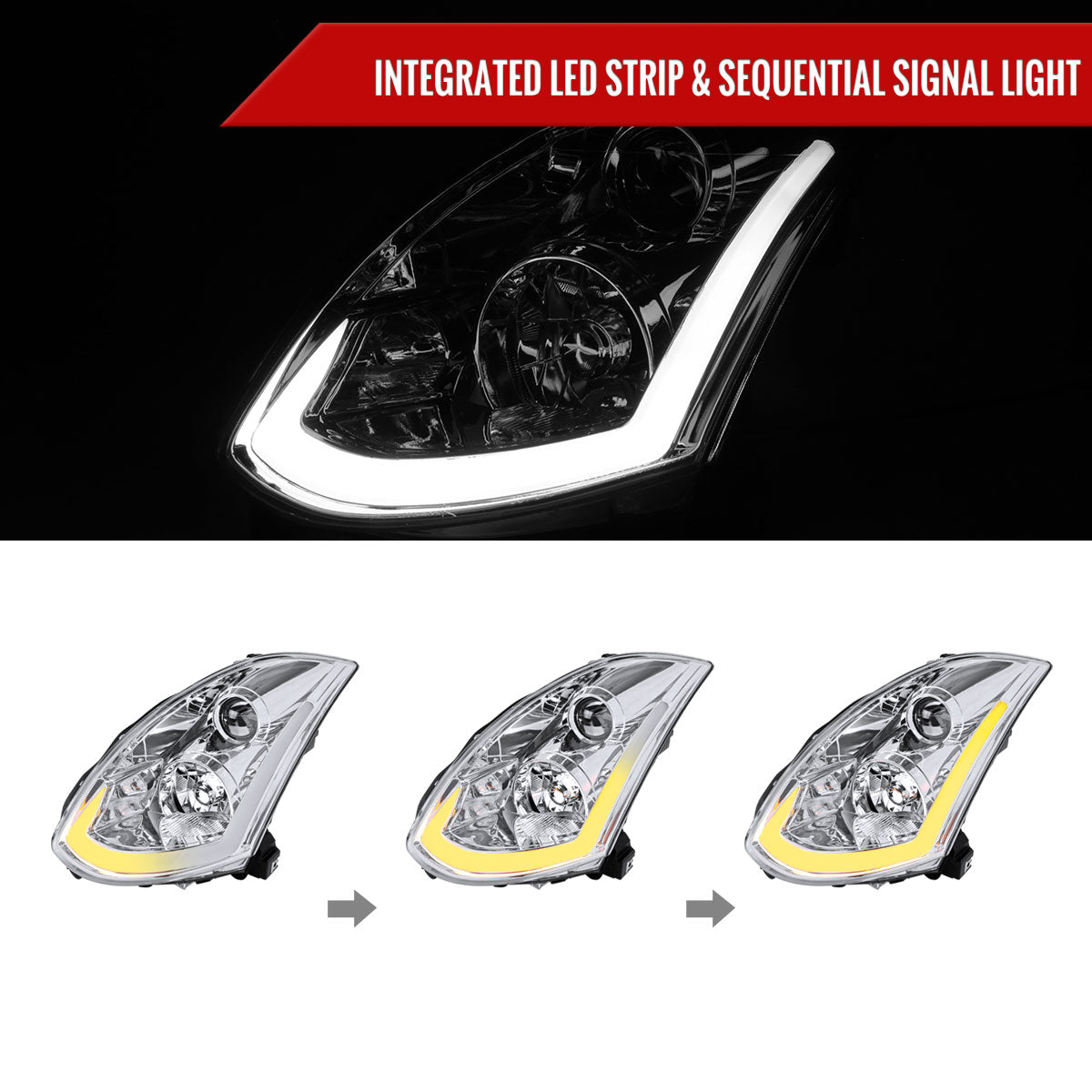 Spec-D 03-07 Infiniti G35 Coupe Headlights LED Bar Sequential Chrome