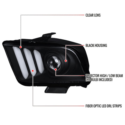 Spec-D 05-09 Ford Mustang LED Bar Projector Headlights Matte Black