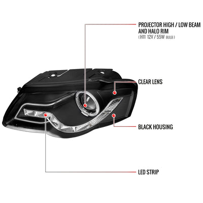 Spec-D 06-10 VW Passat Halo Headlights R8 Style Light Strip Black