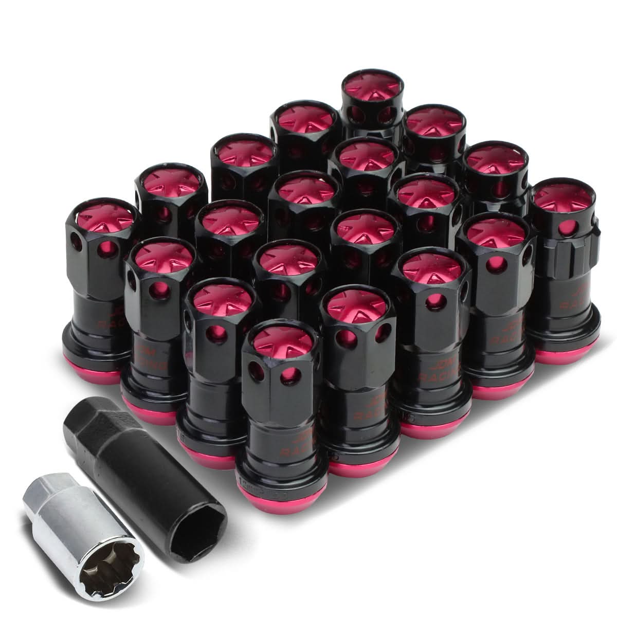 M12 x 1.5 Aluminum Lug Nuts Lock Style 16pc Set Black Pink