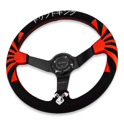 Okinawa Japan Rising Sun Universal 350mm 3"Deep Dish 6-Bolt Steering Wheel Black Suede