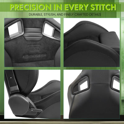 Universal 2x Reclinable Racing Seats Dual Slider Suede PU Carbon Leath