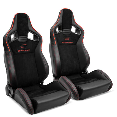 Universal 2x Reclinable Racing Seats Dual Slider Suede PU Carbon Leath