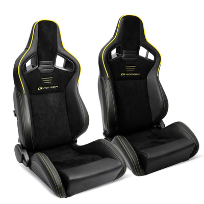 Universal 2x Reclinable Racing Seats Dual Slider Suede PU Carbon Leath