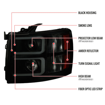 Spec-D 07-13 Chevy Silverado Projector Headlights LED Bar Smoked