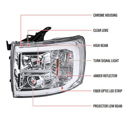 Spec-D 07-13 Silverado Headlights LED C-Bar Projector Chrome/Clear